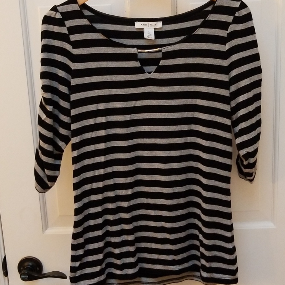 WHBM sz L 3/4 gathered-sleeved striped blouse
